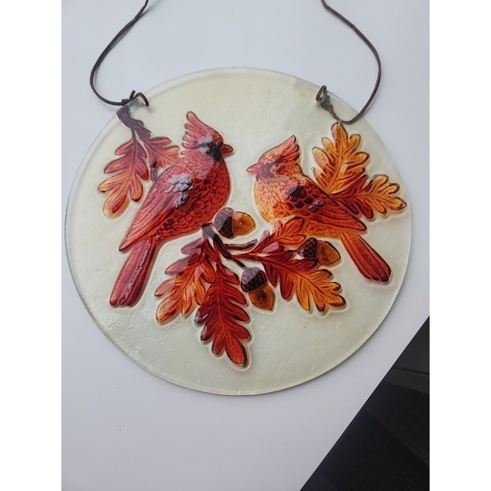 Decorative Cardinals Bird Glass Wall Art Suncatcher Fall Leaves‎ Leather Hanger